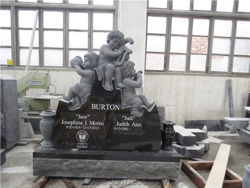 Factory Direct China Shanxi Black Carving Boy Baby Angels Monuments, Tombstone Design Writing Letters and Painting Gold Headstone