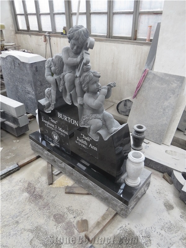 Factory Direct China Shanxi Black Carving Boy Baby Angels Monuments, Tombstone Design Writing Letters and Painting Gold Headstone