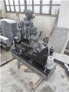 Factory Direct China Shanxi Black Carving Boy Baby Angels Monuments, Tombstone Design Writing Letters and Painting Gold Headstone