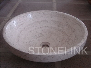 Slsi-075, White Travertine Medium Sinks & Basins, White Travertine Round Basin, Countertop Basin