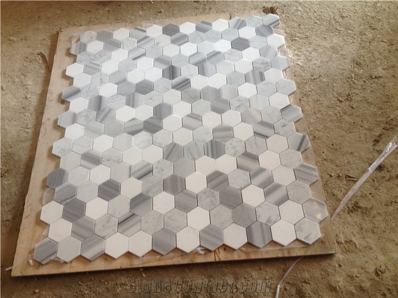 Carrara White+ Marmala White+Thassos White 2" Hexagon Mosaic