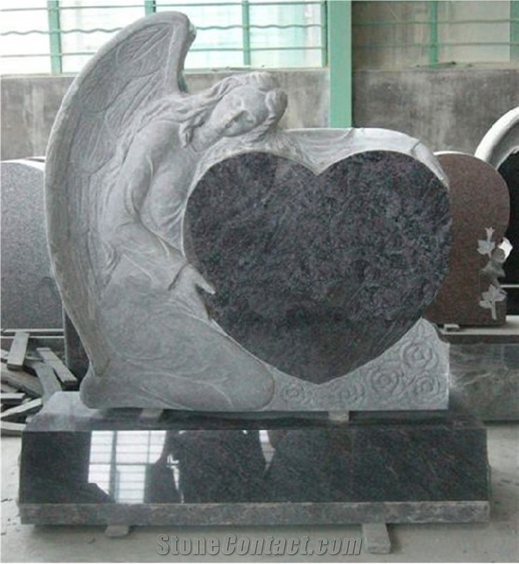 Double Heart Shaped Headstone with Angle China Red Granite Tombstone,Double Angel Holding Heart Shaped Granite Headstone Design,Heart Withe Angle Headstone