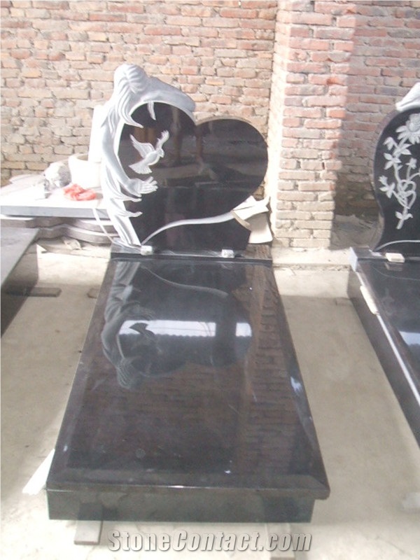 Double Heart Shaped Headstone with Angle China Red Granite Tombstone,Double Angel Holding Heart Shaped Granite Headstone Design,Heart Withe Angle Headstone