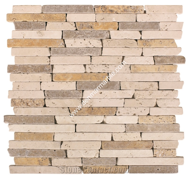 1,5xfl Mix Travertine Tumbled Mosaic, Multicolor Travertine Turkey Mosaic