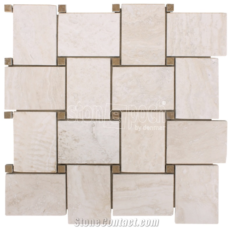 Big Basketweave White Travertine Filled & Honed Mosaic, White Travertine Turkey Mosaic