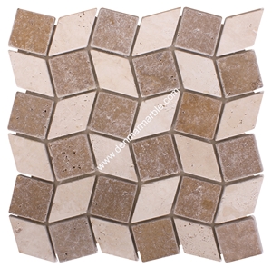 Big Wave Dark Mix Travertine Tumbled Mosaic, Multicolor Travertine Turkey Mosaic