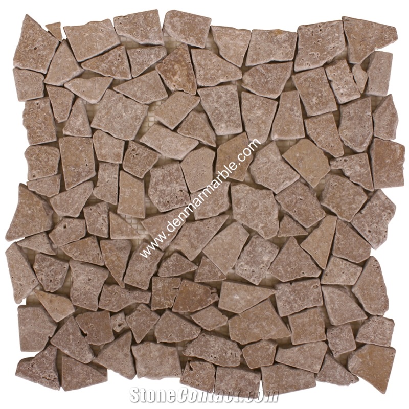 Paledien Noche Travertine Tumbled Mosaic, Brown Travertine Turkey Mosaic