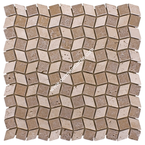 Small Wave Dark Mix Travertine Tumbled Mosaic, Multicolor Travertine Turkey Mosaic