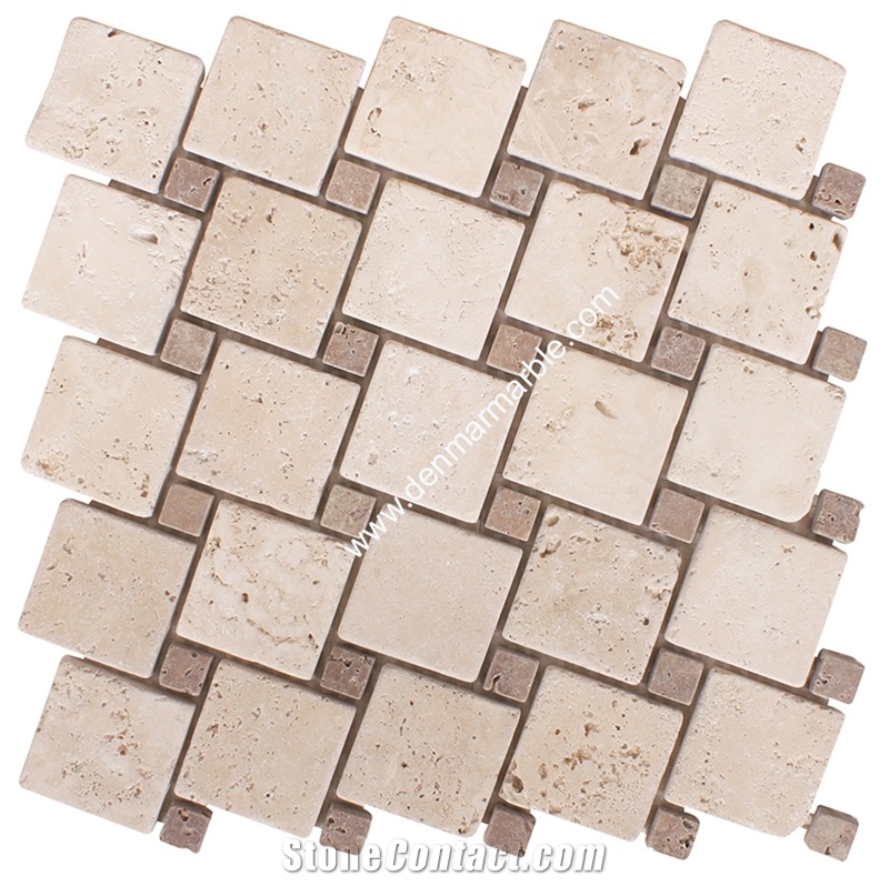 Sprial Dark Mix Travertine Tumbled Mosaic, Multicolor Travertine Turkey Mosaic