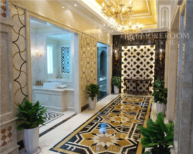 Moreroom Stone Golden Flower Marble Waterjet Medallion Marble Inlay Flooring with Aluminum Backed Medallion