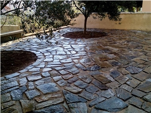 Flagstone Tiling Around Olive Trees, Grey Slate Flagstone