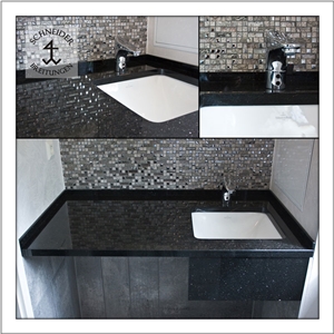 Black Star Galaxy Granite Vanity Top, Glass Mosaic Back Splash