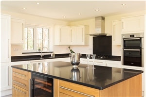 Pure Black Quartz Stone Perimeter Countertop and Island Top