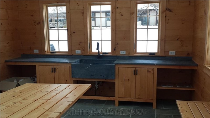 Alberene Soapstone Kitchen Perimeter Countertop and Farm Sink, Dark Grey Soapstone Vanity Tops