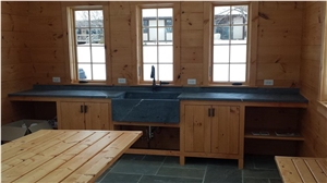 Alberene Soapstone Kitchen Perimeter Countertop and Farm Sink, Dark Grey Soapstone Vanity Tops