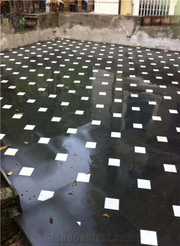 Ardesia Liguria with Bianco Carrara Floor Tiles, Black Slate Flooring Tiles Italy