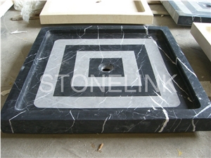 Slsh-010, Nero Marquina Marble Shower Tray, White Stripe in Black, Black Marquina Shower Tray