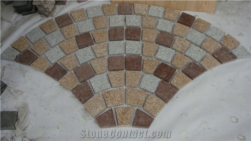 Fargo Granite G603+G682+Red Granite 8 Row Fan Style Paving Mesh, Multicolor Granite Exterior Paving Patterns for Garden Stepping, Driveway/Walkway Paving