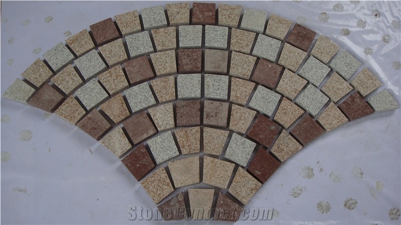 Fargo Granite G603+G682+Red Granite 8 Row Fan Style Paving Mesh, Multicolor Granite Exterior Paving Patterns for Garden Stepping, Driveway/Walkway Paving