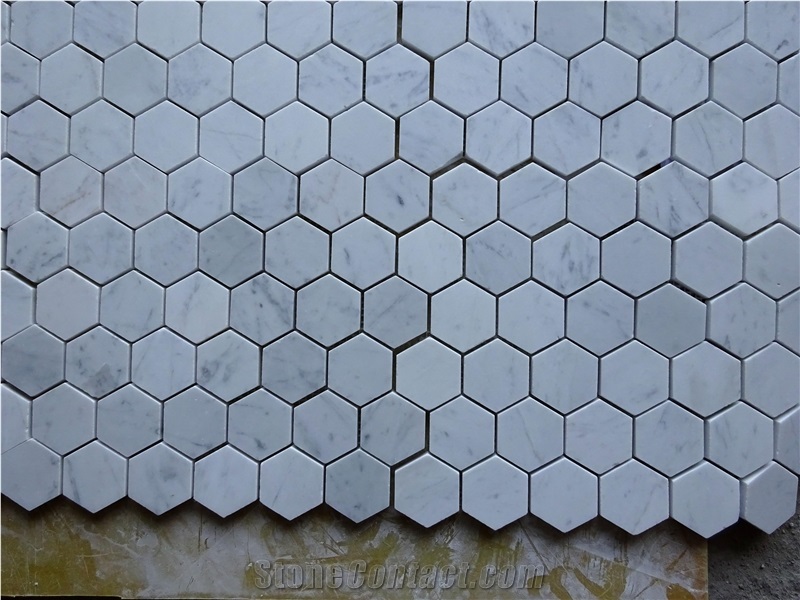 2"Hexagon Carrara White Mosaic in Polished, Carrara White Marble Mosaic