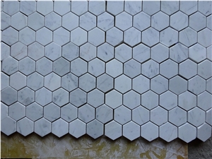 2"Hexagon Carrara White Mosaic in Polished, Carrara White Marble Mosaic