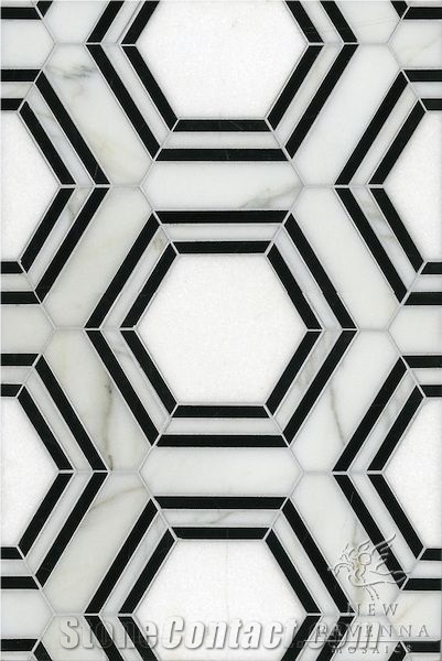 Carrara White+Nero Mixed Marble Hexagon Mosaic Polilshed
