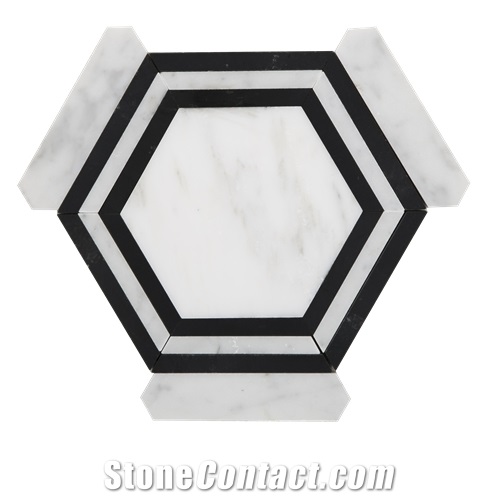 Carrara White+Nero Mixed Marble Hexagon Mosaic Polilshed