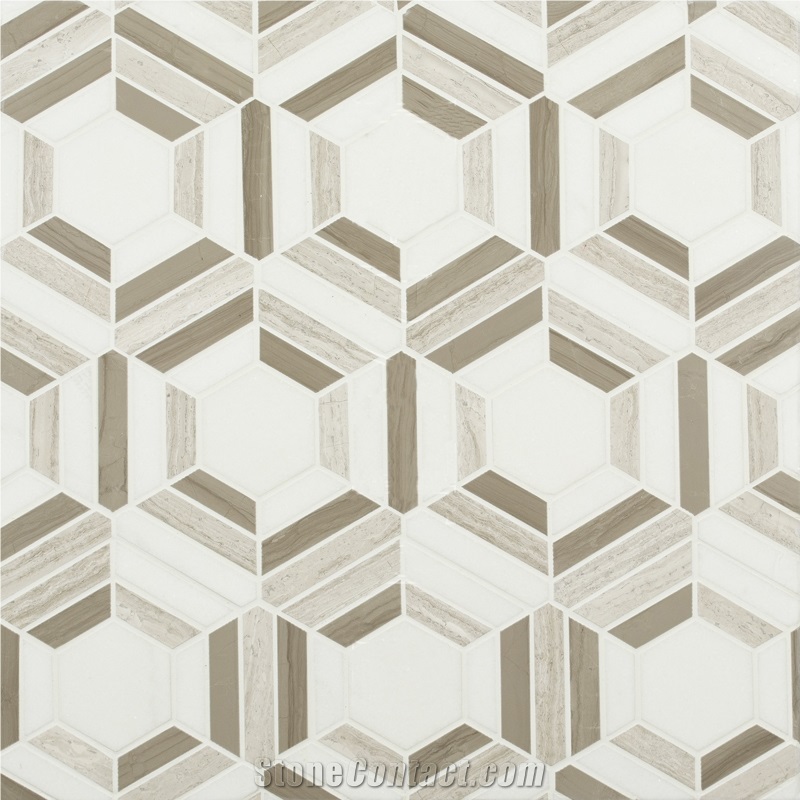 Wooden White+Athens Grey+Pure White Hexagon Polished Marble Mosaics