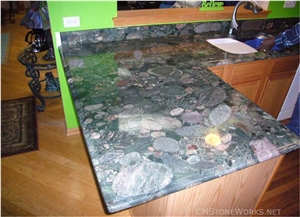 Verde Marinace Granite Kitchen Peninsula Countertop, Green Granite Kitchen Countertop