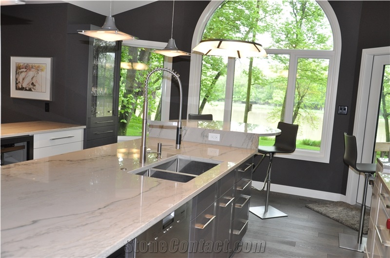 White Macaubas Quartzite Kitchen Island Top, Peninsula and Perimeter Counters