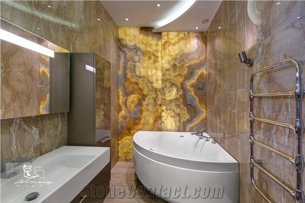 Onice Miele Nuvolato Onyx Bathroom Design, Yellow Onyx Walling Tiles Turkey