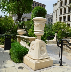 Beige Marble Garden Flower Pots, Exterior Landscaping Stone Oval Flower Vases, Outdoor Flower Stand, Planter Pots