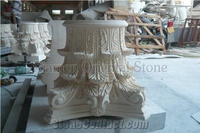 Beige Marble Roman Sculptured Columns, Outdoor Building Stones Architectural Corinthian Columns, Exterior Landscaping Stones Column Bases & Tops