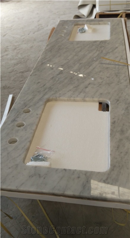 Bianco Carrara D Marble Vanity Tops, White Marble Bathroom Vanity Tops, Bathroom Countertops with Oval Sink Hole or Rectangular Sink Hole Cutout