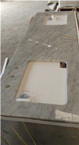 Bianco Carrara D Marble Vanity Tops, White Marble Bathroom Vanity Tops, Bathroom Countertops with Oval Sink Hole or Rectangular Sink Hole Cutout