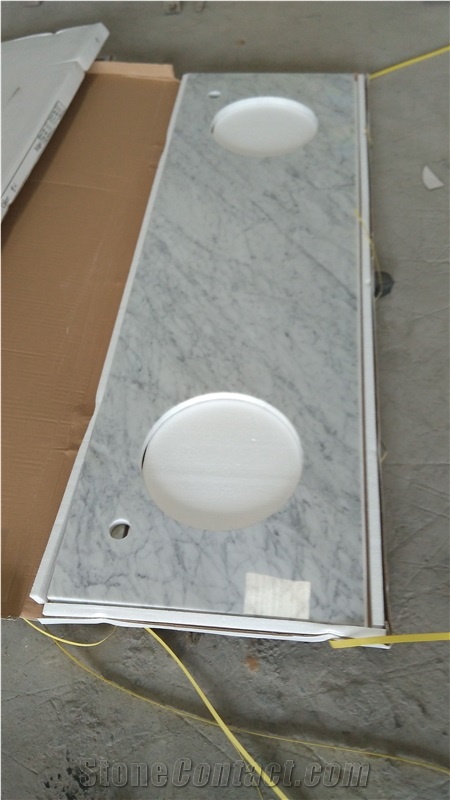 Bianco Carrara D Marble Vanity Tops, White Marble Bathroom Vanity Tops, Bathroom Countertops with Oval Sink Hole or Rectangular Sink Hole Cutout