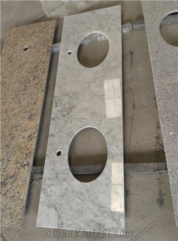 Bianco Carrara D Marble Vanity Tops, White Marble Bathroom Vanity Tops, Bathroom Countertops with Oval Sink Hole or Rectangular Sink Hole Cutout