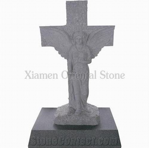 China Grey Padang Light Granite Cross Carving Headstones, Cemetery Angel Engraved Tombstones, Memorial Stone Gravestones, Custom Tombstone Monument Design, Western Style Single Monuments