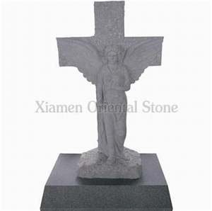 China Grey Padang Light Granite Cross Carving Headstones, Cemetery Angel Engraved Tombstones, Memorial Stone Gravestones, Custom Tombstone Monument Design, Western Style Single Monuments