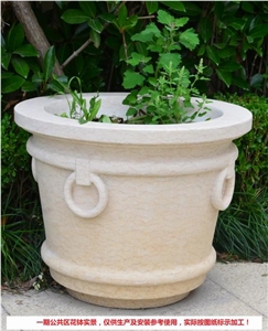 Egypt Beige Marble Garden Outdoor Round Flower Pots, Exterior Landscaping Stones Flower Vases, Flower Stand, Planter Pots