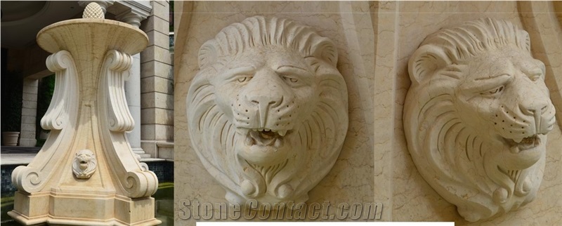 Garden Beige Marble Carving Fountains, Lion Sculpture, Outdoor Water Features, Exterior Landscaping Stones Rolling Sphere Fountains