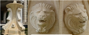 Garden Beige Marble Carving Fountains, Lion Sculpture, Outdoor Water Features, Exterior Landscaping Stones Rolling Sphere Fountains
