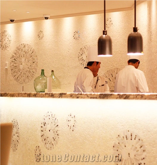Caliza Alba Brushed Wall Tiles with Mosaic Rosettes