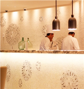 Caliza Alba Brushed Wall Tiles with Mosaic Rosettes Caliza Alba Brushed Wall Tiles with Mosaic Rosettes