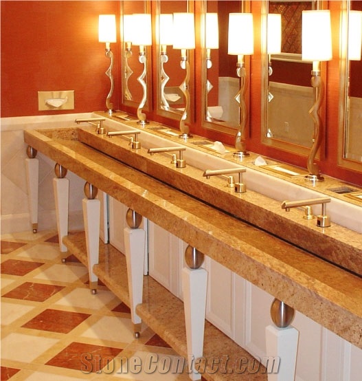 Giallo Reale Marble and Rosso Asiago Marble Commercial Bathroom Design