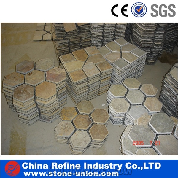 Pavers on Mesh for Walkway Garden Stepping,Cheap Beige Slate Flooring Tiles,Slate Tiles on Mesh,Garden Stepping Pavements,Slate Crazy Paver on Mesh