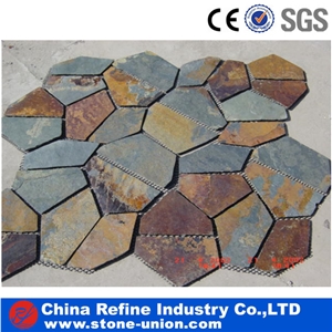 Pavers on Mesh for Walkway Garden Stepping,Cheap Beige Slate Flooring Tiles,Slate Tiles on Mesh,Garden Stepping Pavements,Slate Crazy Paver on Mesh