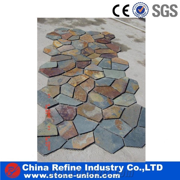 Pavers on Mesh for Walkway Garden Stepping,Cheap Beige Slate Flooring Tiles,Slate Tiles on Mesh,Garden Stepping Pavements,Slate Crazy Paver on Mesh