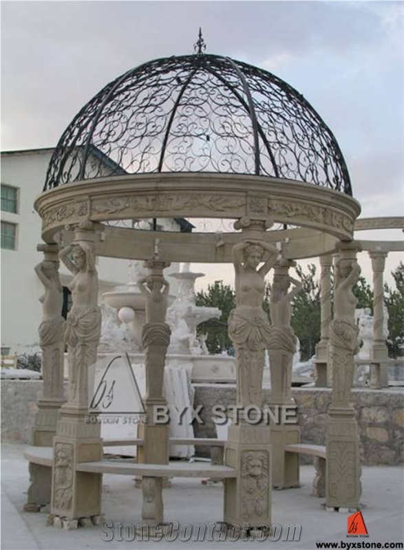 Beige Marble Gazebo with Cast Iron Roof for Garden, Yellow Cream Beige Marble Gazebo