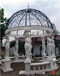White Marble Garden Gazebo Iron Roof with Sculpture Pillars, Hunan White Marble Garden Gazebo